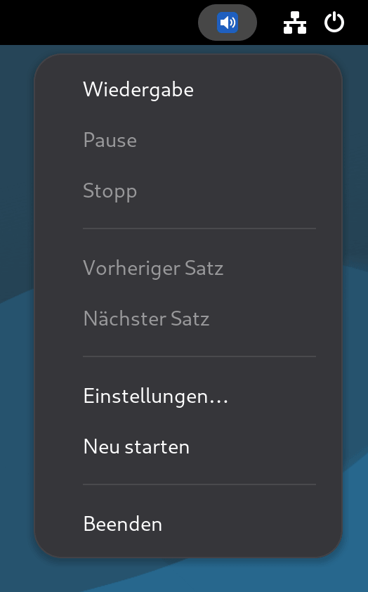 PiperRead-Symbol in der oberen Leiste von GNOME, mit demselben geöffneten Menü