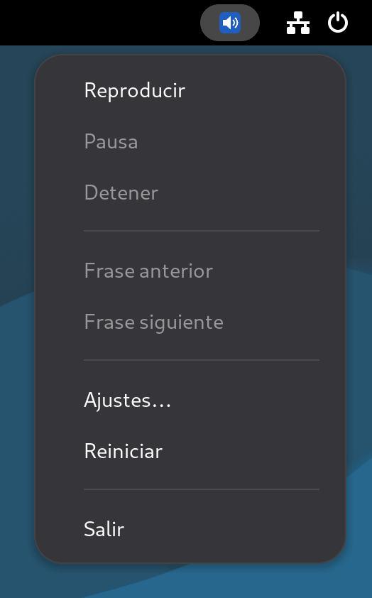 Icono de PiperRead en la barra superior de GNOME, con el mismo menú abierto