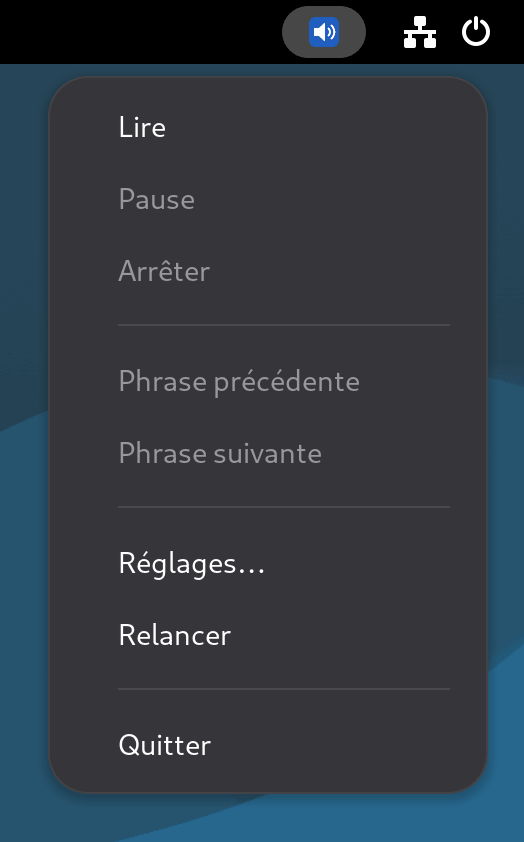 Icône de PiperRead dans la barre supérieure de GNOME, avec le même menu ouvert