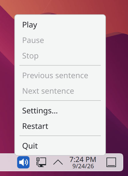 PiperRead icon in the KDE Plasma panel, with its menu open: Play, Pause, Stop, Previous sentence, Next sentence, Settings…, Restart, Quit