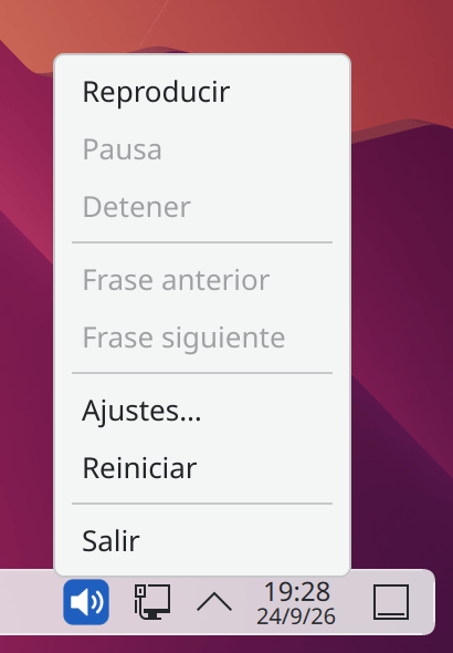 Icono de PiperRead en el panel de KDE Plasma, con su menú abierto: Reproducir, Pausa, Detener, Frase anterior, Frase siguiente, Ajustes…, Reiniciar, Salir