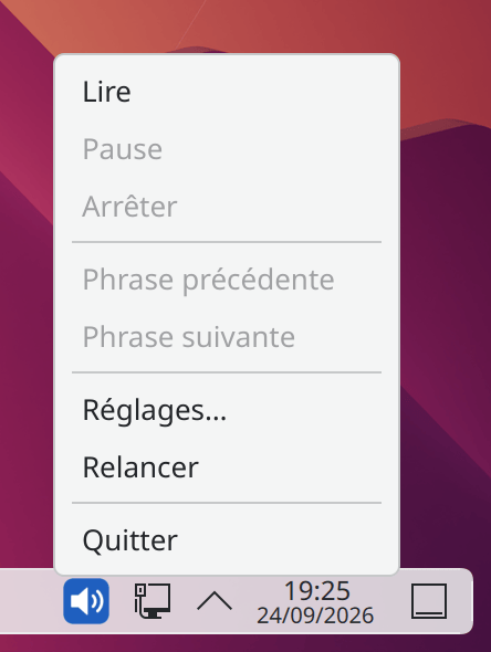 Icône de PiperRead dans le panneau de KDE Plasma, menu ouvert : Lire, Pause, Arrêter, Phrase précédente, Phrase suivante, Réglages…, Relancer, Quitter