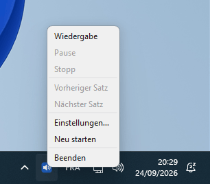 PiperRead-Symbol im Infobereich von Windows 11, mit demselben geöffneten Menü