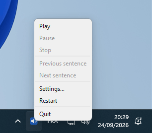 PiperRead icon in the Windows 11 notification area, with the same menu open