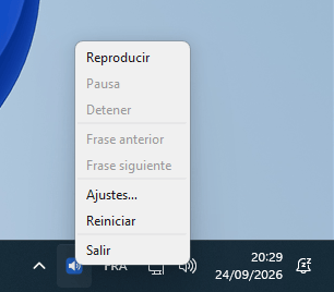 Icono de PiperRead en el área de notificación de Windows 11, con el mismo menú abierto