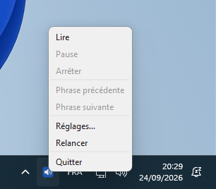Icône de PiperRead dans la zone de notification de Windows 11, avec le même menu ouvert